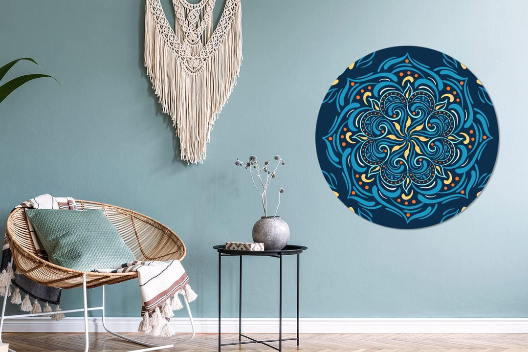 Wandbild Rund Wanddeko Deko Wohnzimmer Bilder 90x90 cm Mandala - Blau - Gelb - Muster 90.00 x 90.00