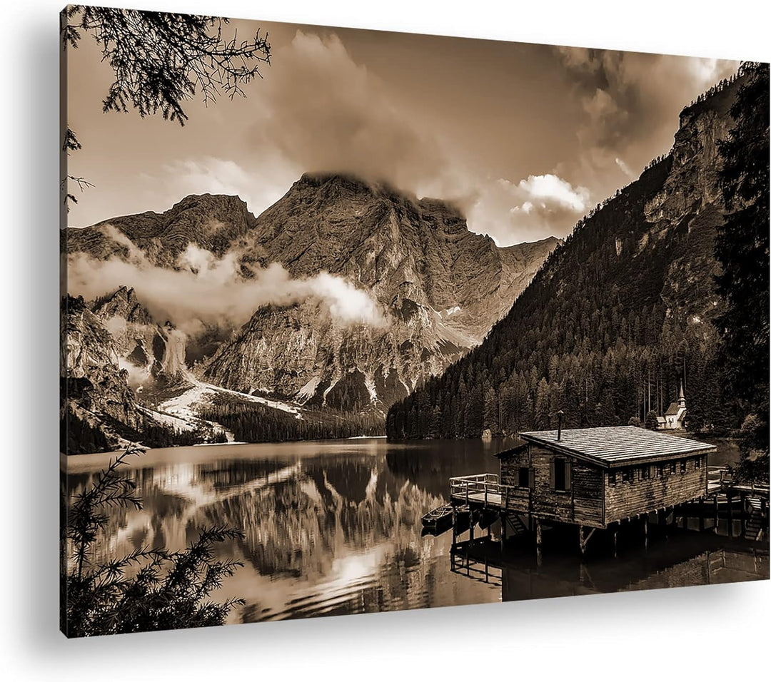 deyoli idyllischer Ort am Pragser Wildsee Effekt: Sepia, Format: 80x60 als Leinwandbild, Motiv ferti