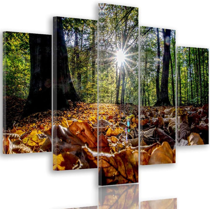 Feeby Bild auf Leinwand Blätter 5 Teilig Modern Bäume Sonne Landschaft orange 150x100 cm Leinwandbil