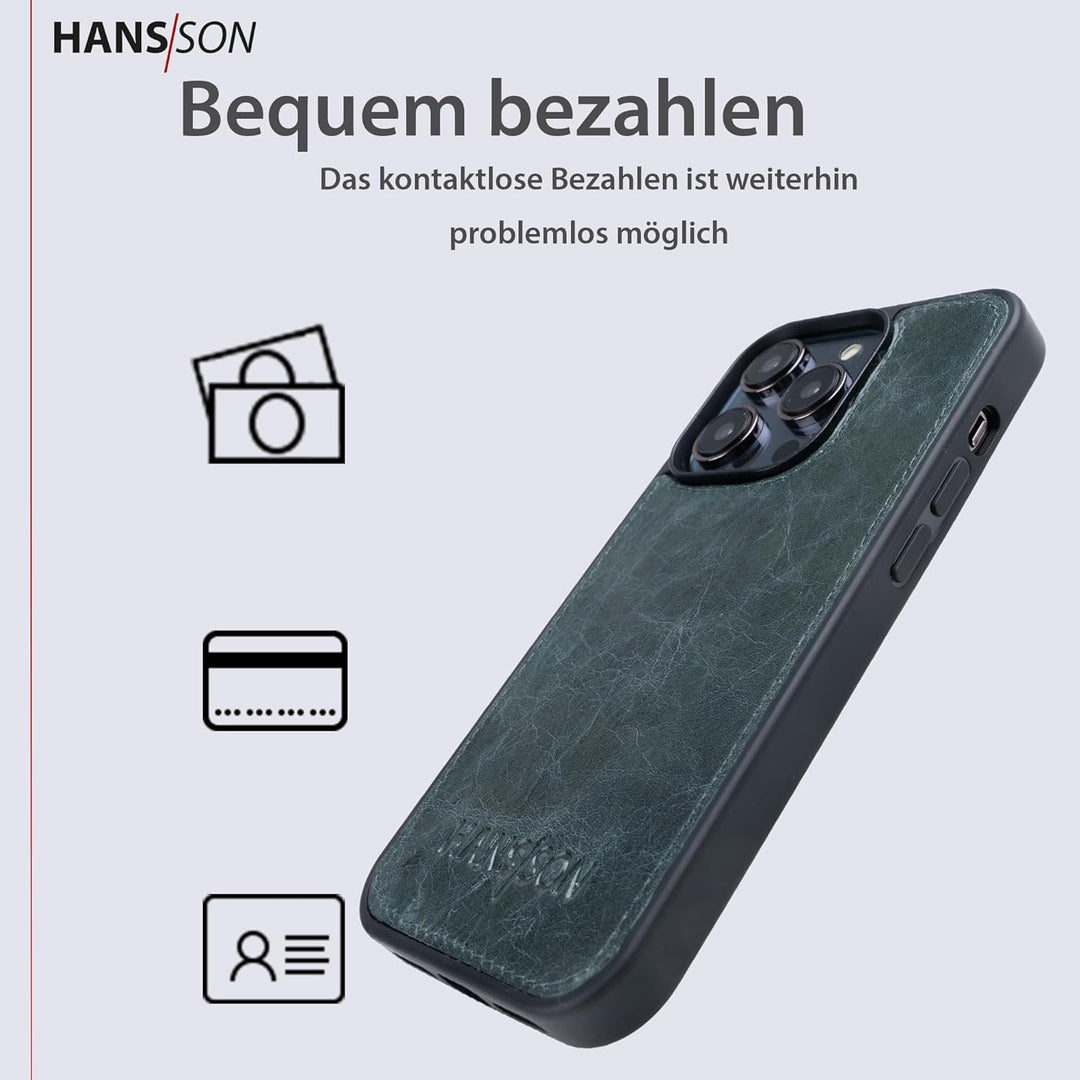 HANS/SON Hülle aus Echtleder | iPhone 14 Pro Max | Blaue Ledercase | 6,7 Zoll | Schmal | Stossfest |