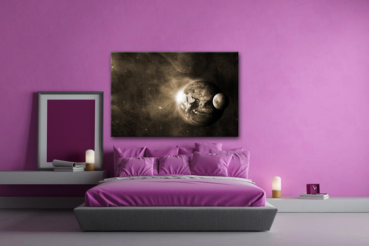 deyoli Dark Violette Erde mit Mond Format: 80x60 Effekt: Sepia als Leinwandbild, Motiv fertig gerahm