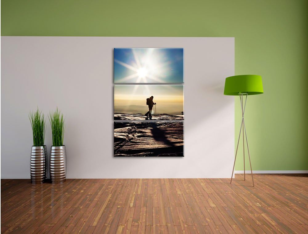 Pixxprint Wintersport Sonnenuntergang Ski als Leinwandbild | Grösse: 3 Teilig (120x80) | Wandbild| K
