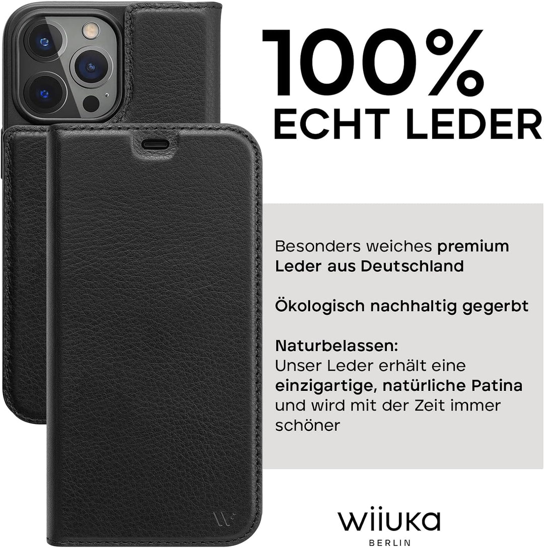 WIIUKA Hülle für iPhone 14 Pro Max, Leder aus Deutschland, mit Kartenfach, extra Dünn, Handyhülle mi