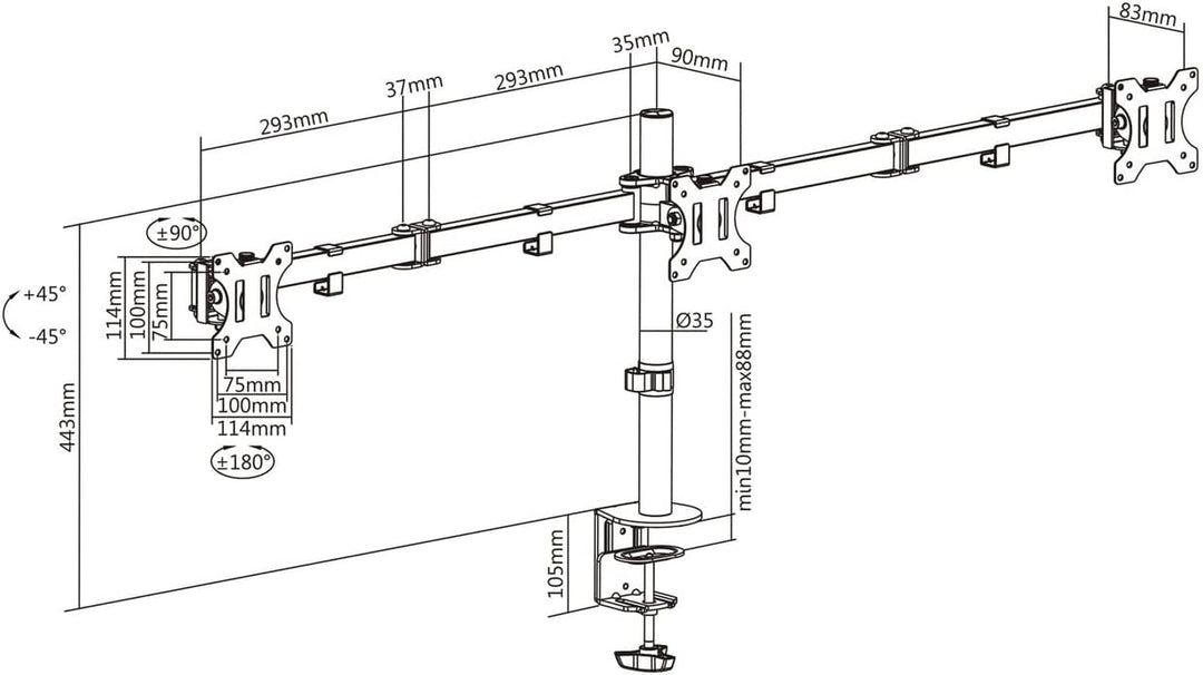 AISENS DT27TSR-061 Tischhalterung für 3 Monitore 7 kg (3 Stück, 2 Arme) von 13-27, Schwarz