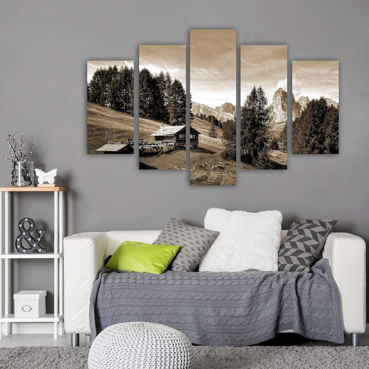 Feeby Wandbild Berge 300x140 cm Deco Panel 5 Teilig XXL Kunstdruck Hütte Bäume Sepia Deco panel XXL