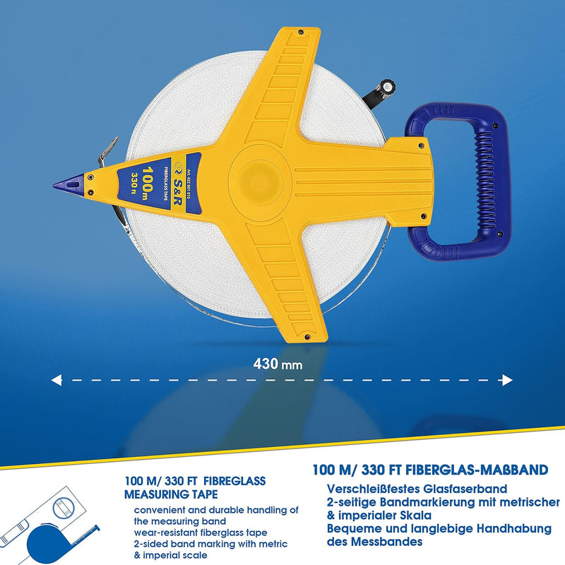 S&R Bandmass Fiberglas 100m / 330 Ft-Fuss doppelt markiert, Rollband Breite 13mm, Roll Massband mit