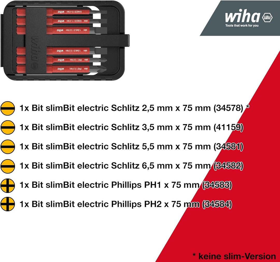 Wiha Bit Set slimBit electric Schlitz, Phillips 6-tlg. inkl. I slimBit-Box I flexibel, kompakt, mobi