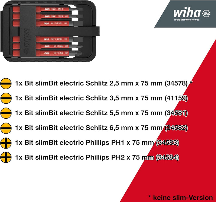 Wiha Bit Set slimBit electric Schlitz, Phillips 6-tlg. inkl. I slimBit-Box I flexibel, kompakt, mobi