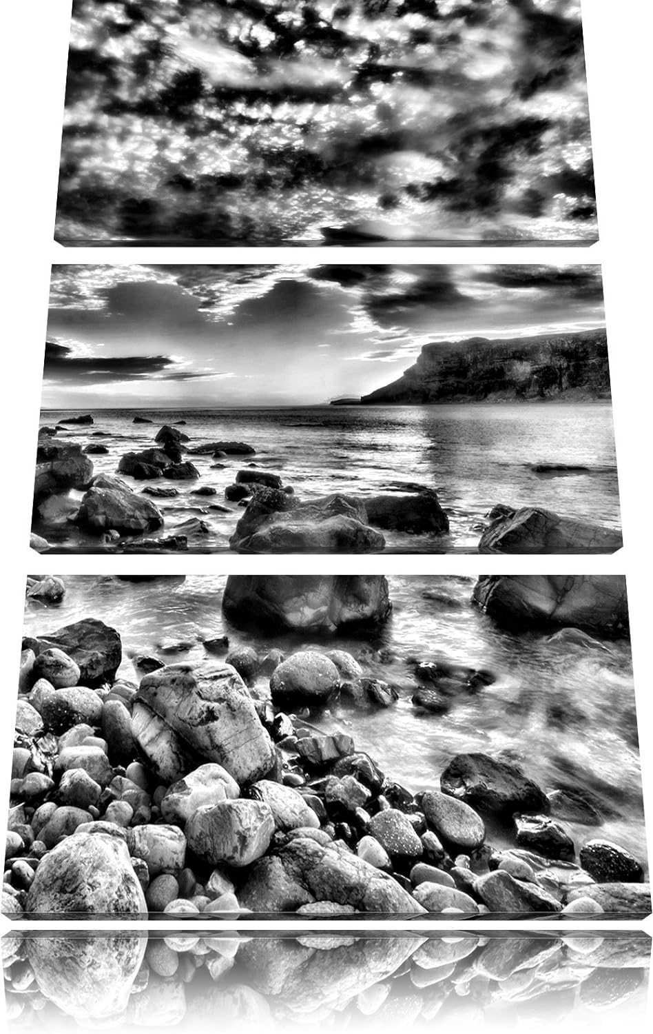 Pixxprint Monocrome, Felsen am Strand 3-Teiler Leinwandbild 120x80 Bild auf Leinwand