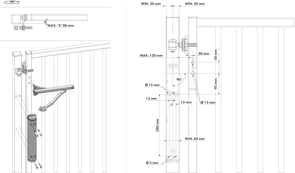 LOCINOX einstellbarer Türschliesser Verticlose 2 Öffnungswinkel 90° / 180° Silber