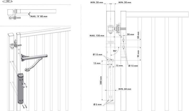 LOCINOX einstellbarer Türschliesser Verticlose 2 Öffnungswinkel 90° / 180° Silber