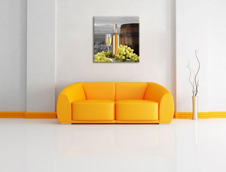 Pixxprint Weinreben mit Weinflasche und Fass als Leinwandbild/Grösse: 70x70 cm/Wandbild/Kunstdruck/f