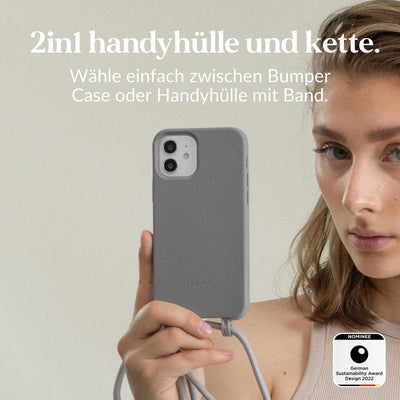 Woodcessories - Nachhaltige Handykette abnehmbar kompatibel mit iPhone 12 Mini Hülle mit Band grau -