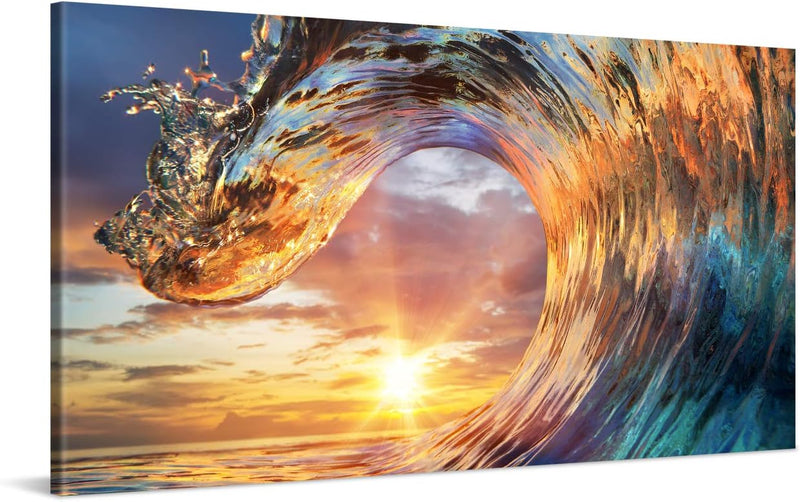 PICANOVA – Bild auf Leinwand Wellen-Sonnenuntergang 100x50cm – Leinwandbild – Premium Leinwanddruck