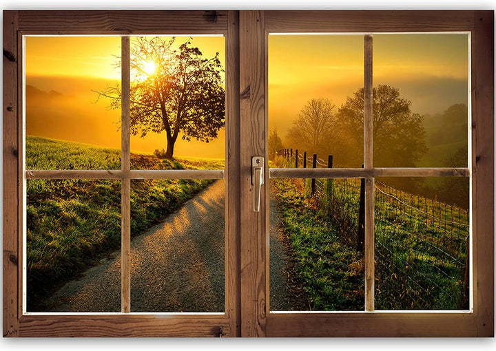 Feeby Vlies Leinwandbild Sonnenuntergang Landstrasse Baum 90x60 cm Druckbild Wandbild Wanddekoration