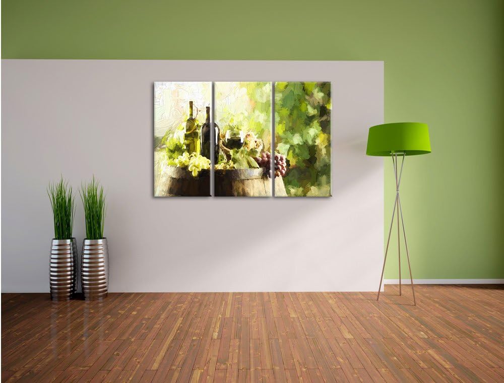 Pixxprint Wein mit Weintrauben auf Fass / 3-Teilig/Gesamtmass 120cm Leinwandbild bespannt auf Holzra