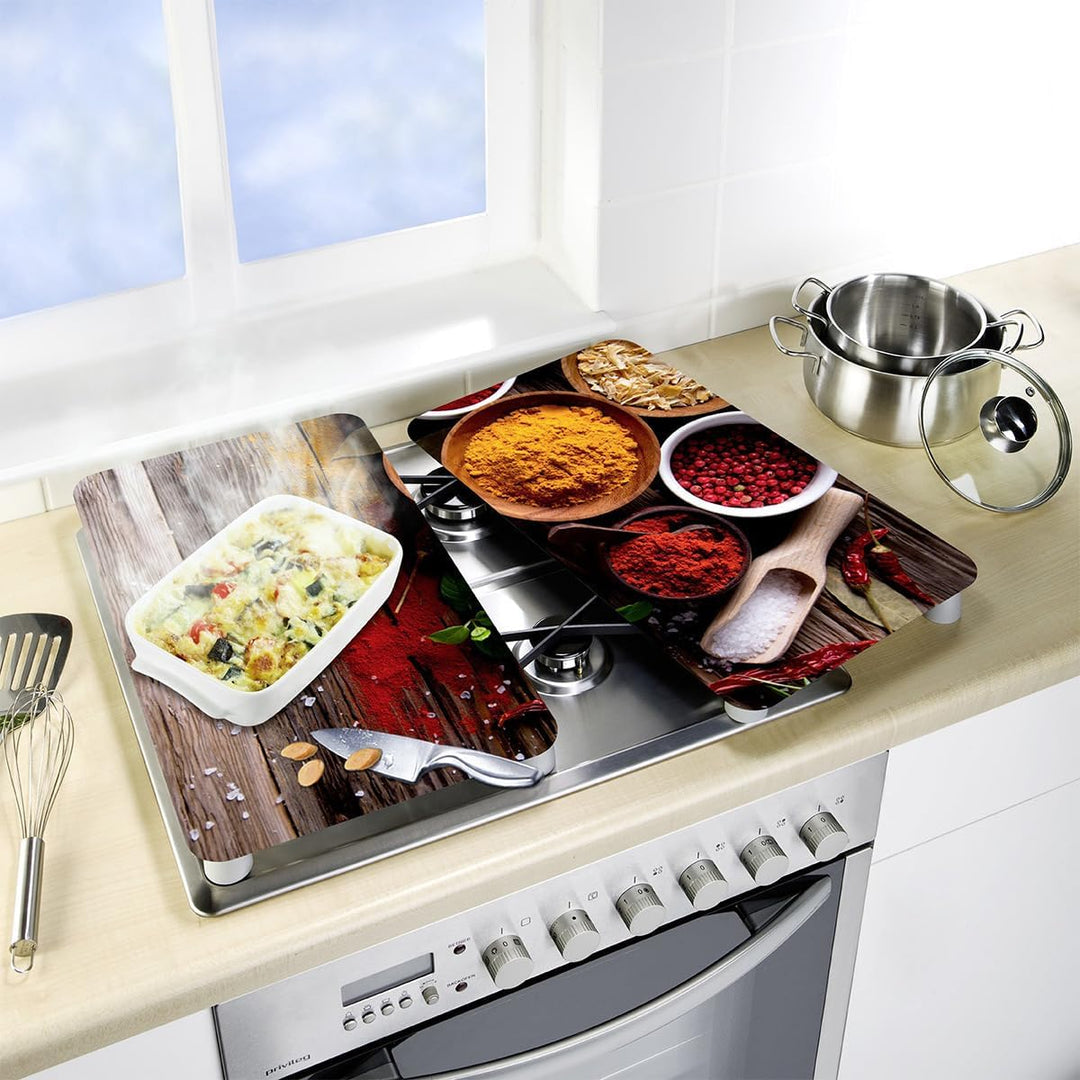 WENKO Glasabdeckplatten Universal XL, 2er Set Herdabdeckplatten mit Gewürz-Motiv aus gehärtetem Glas