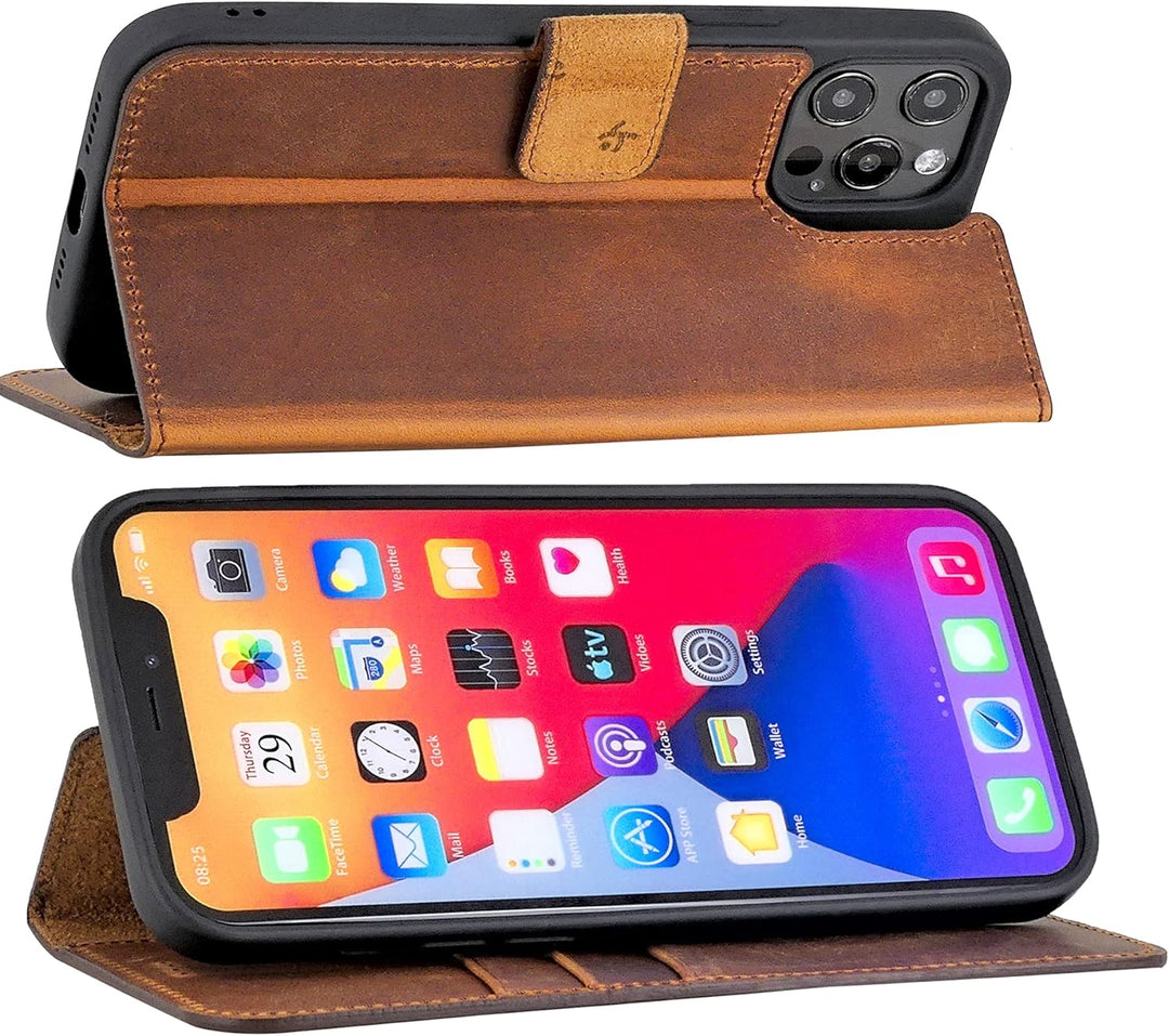 Suncase Book-Style Hülle kompatibel mit iPhone 12 Pro (6.1") Leder Tasche (Slim-Fit) Lederhülle Hand