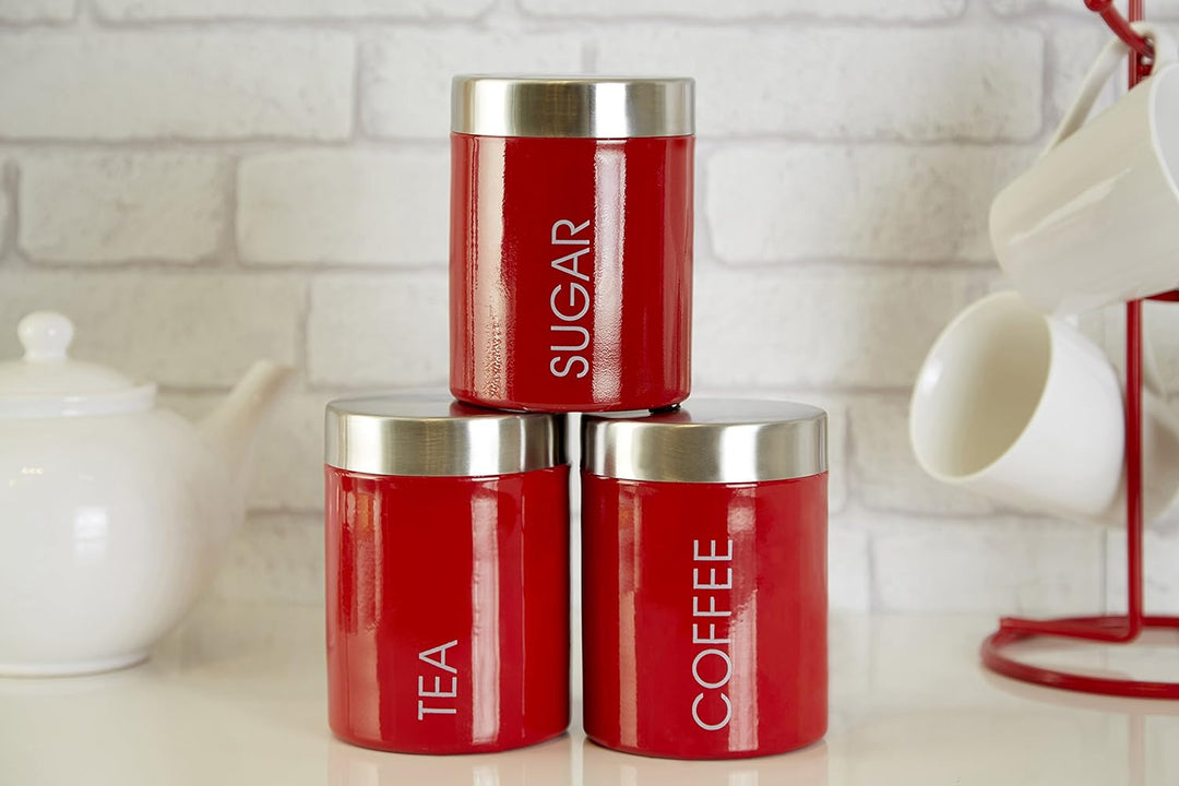 Premier Housewares Tea, Coffee and Sugar Set, Red Enamel, Satin Rostfreier Stahl Lids Liberty Behält