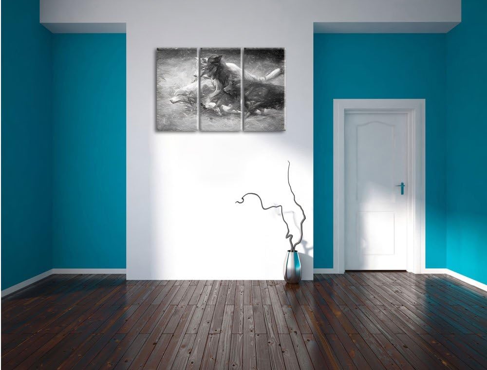 Pixxprint Tobendes Wolfsrudel als Leinwandbild/Grösse: 3 Teilig (120x80) cm/Wandbild/Kunstdruck/fert