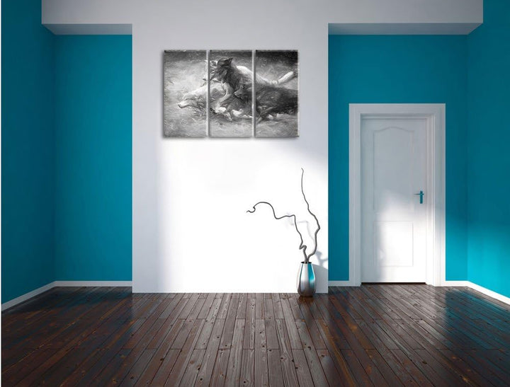 Pixxprint Tobendes Wolfsrudel als Leinwandbild/Grösse: 3 Teilig (120x80) cm/Wandbild/Kunstdruck/fert