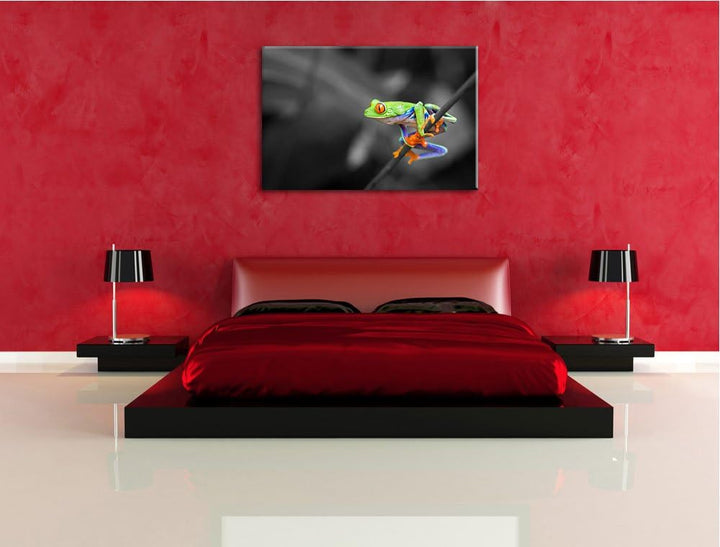 kleiner Frosch auf Zweig schwarz/weiss Format: 100x70 auf Leinwand, XXL riesige Bilder fertig gerahm