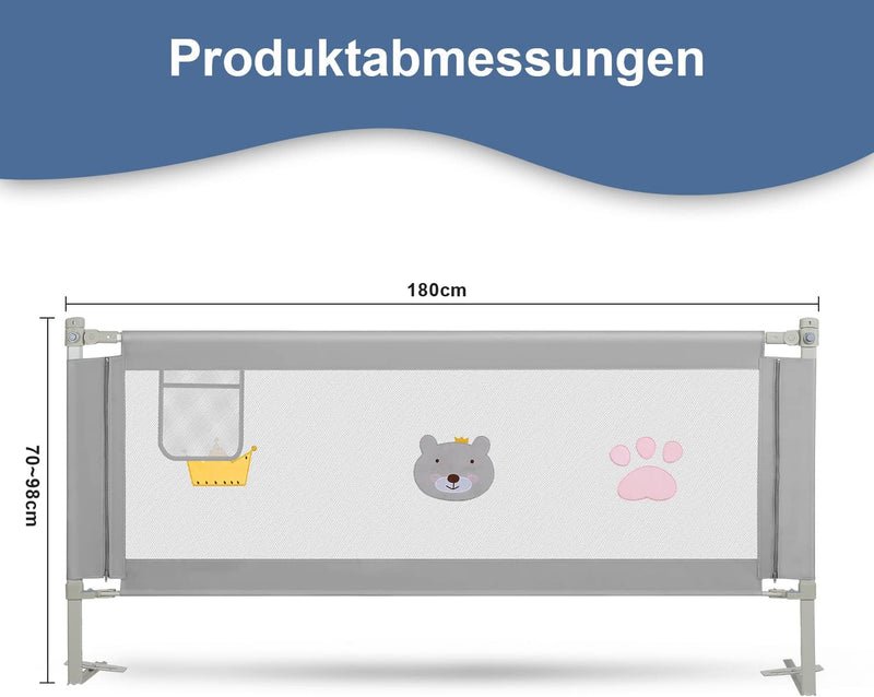 Vigevee 180 cm Kinder bettgitter, Bettschutzgitter Höhenverstellbar, Rausfallschutz Bett für Kinder,