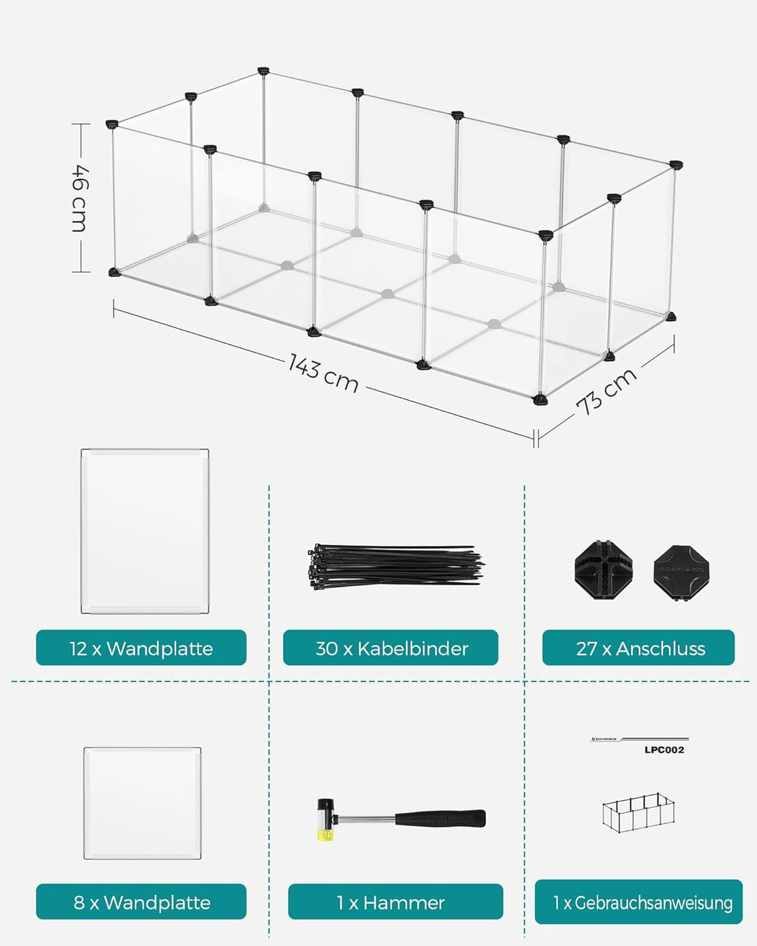 SONGMICS Freigehege mit Bodenplatten, Laufstall, Meerschweinchen Gehege, aus Kunststoff, Gehege für
