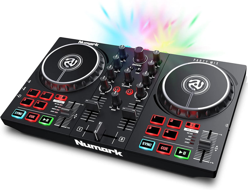 Numark Party Mix II – DJ Controller Pult mit 2 Decks, eingebauten DJ-Lichtern & DJ-Mixer; unterstütz