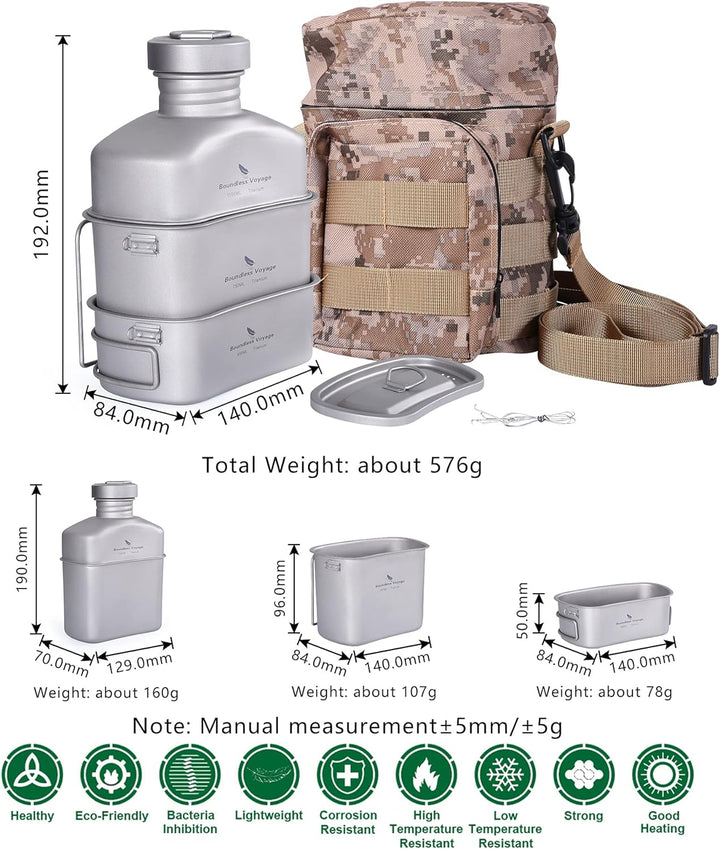 iBasingo Titan Militär Wasserflasche Camping Feldflasche 1100ml Trinkflasche 750ml 400ml Becher Kant