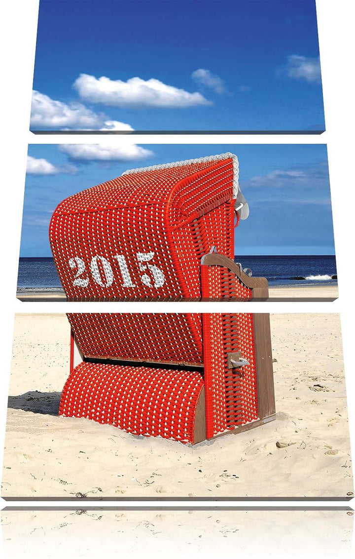 Pixxprint Strandkorb an der Nordsee als Leinwandbild | Grösse: 3 Teilig (120x80) | Wandbild| Kunstdr