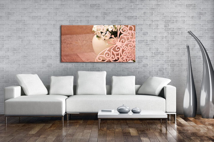 Blumen und Schmetterlinge Panorama 60x30 cm als Leinwandbild, Motiv fertig gerahmt auf Echtholzrahme