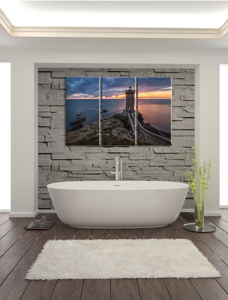 Pixxprint Leuchtturm im Sonnenuntergang / 3-Teilig/Gesamtmass 120cm Leinwandbild bespannt auf Holzra