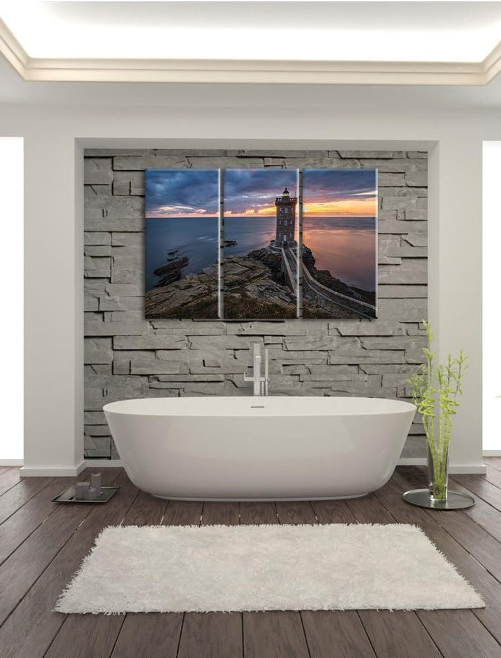 Pixxprint Leuchtturm im Sonnenuntergang / 3-Teilig/Gesamtmass 120cm Leinwandbild bespannt auf Holzra