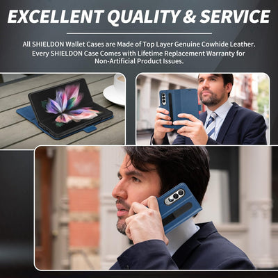 SHIELDON Hülle für Galaxy Z Fold 3 5G Klappbar Handyhülle [Echt Rindsleder] [S Pen Halter] [RFID-Spe