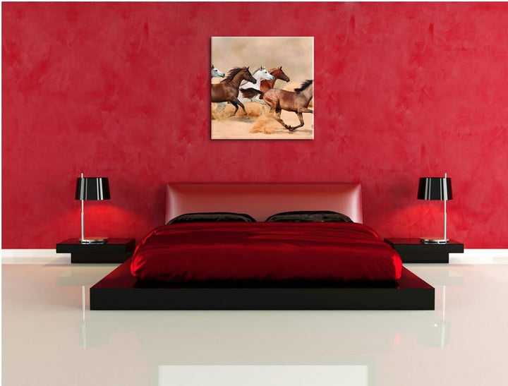 Western Pferde in Wüste, Format: 70x70 auf Leinwand, XXL riesige Bilder fertig gerahmt mit Keilrahme