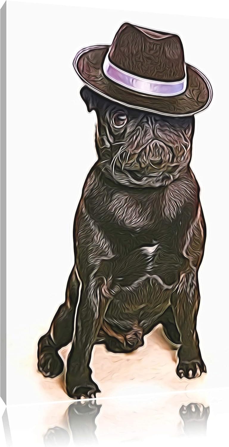 Mops mit Mafia Hut Deluxe Format: 100x70 cm auf Leinwand, XXL riesige Bilder fertig gerahmt mit Keil