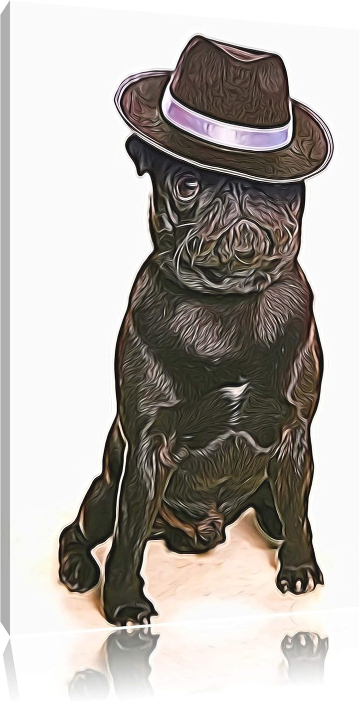Mops mit Mafia Hut Deluxe Format: 100x70 cm auf Leinwand, XXL riesige Bilder fertig gerahmt mit Keil