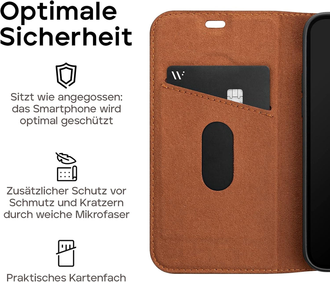 WIIUKA Hülle für iPhone 15, Leder aus Deutschland, mit Kartenfach, extra Dünn, Handyhülle mit Standf