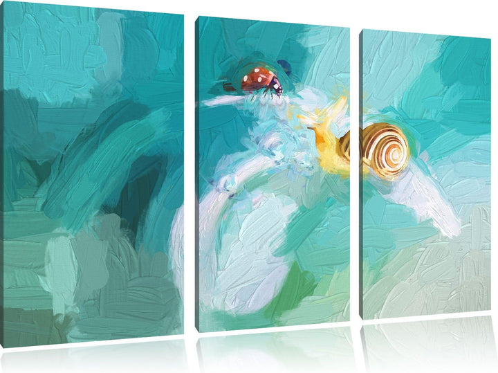 eine Schnecke und Marienkäfer auf einer Pflanze Kunst Pinsel Effekt 3-Teiler Leinwandbild 120x80 Bil