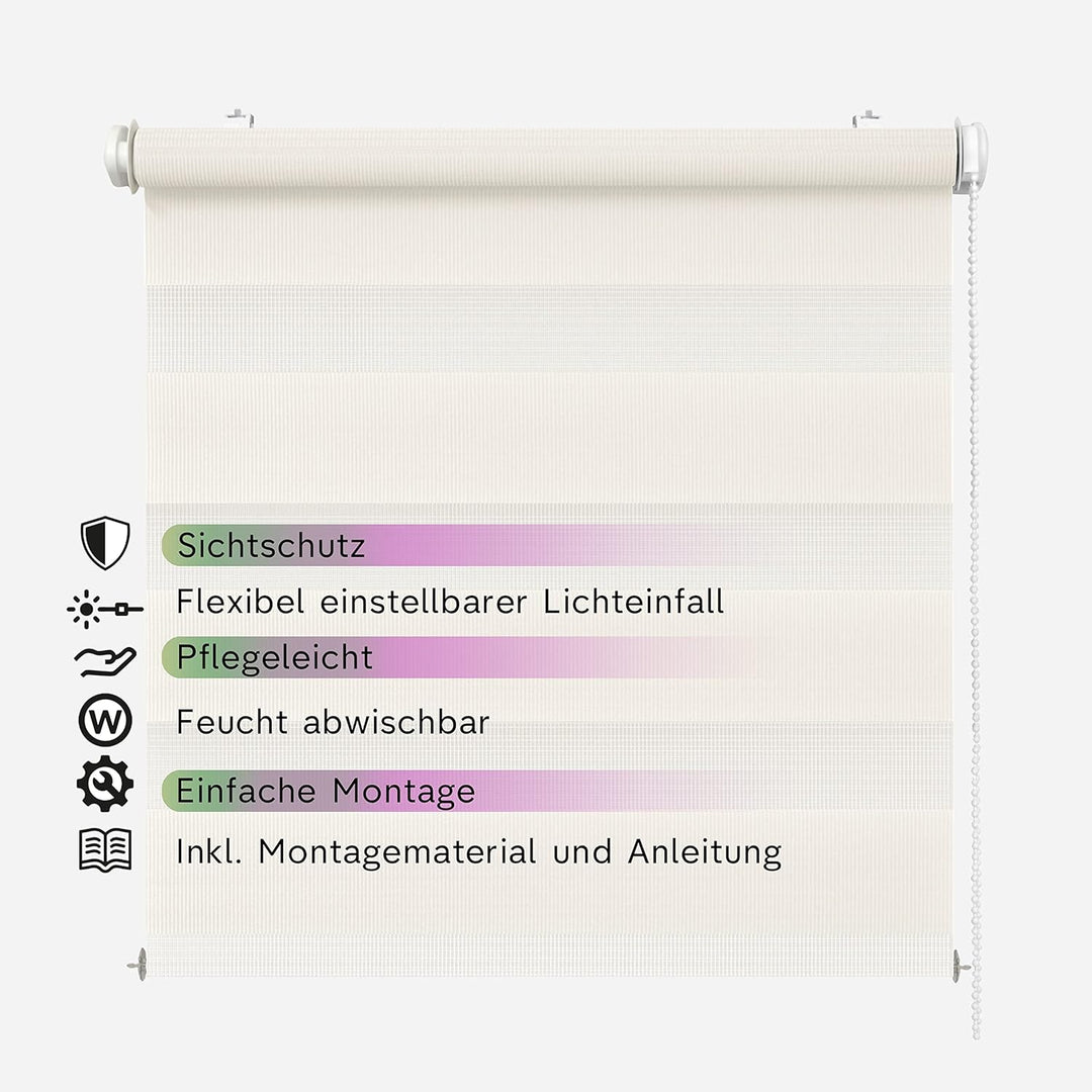 Rikmani Doppelrollo Fensterrollo ARD Duo-Rollo Klemmfixierung Zebrarollo Seitenzugrollo ohne Bohren,