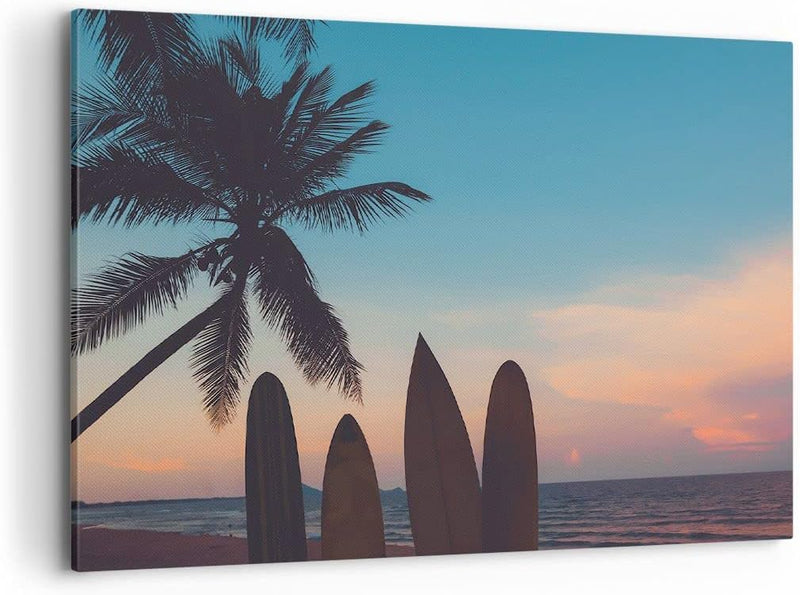 Bilder auf Leinwand 100x70cm Leinwandbild mit Rahmen Strand Meer Palme Gross Wanddeko Bild Schlafzim