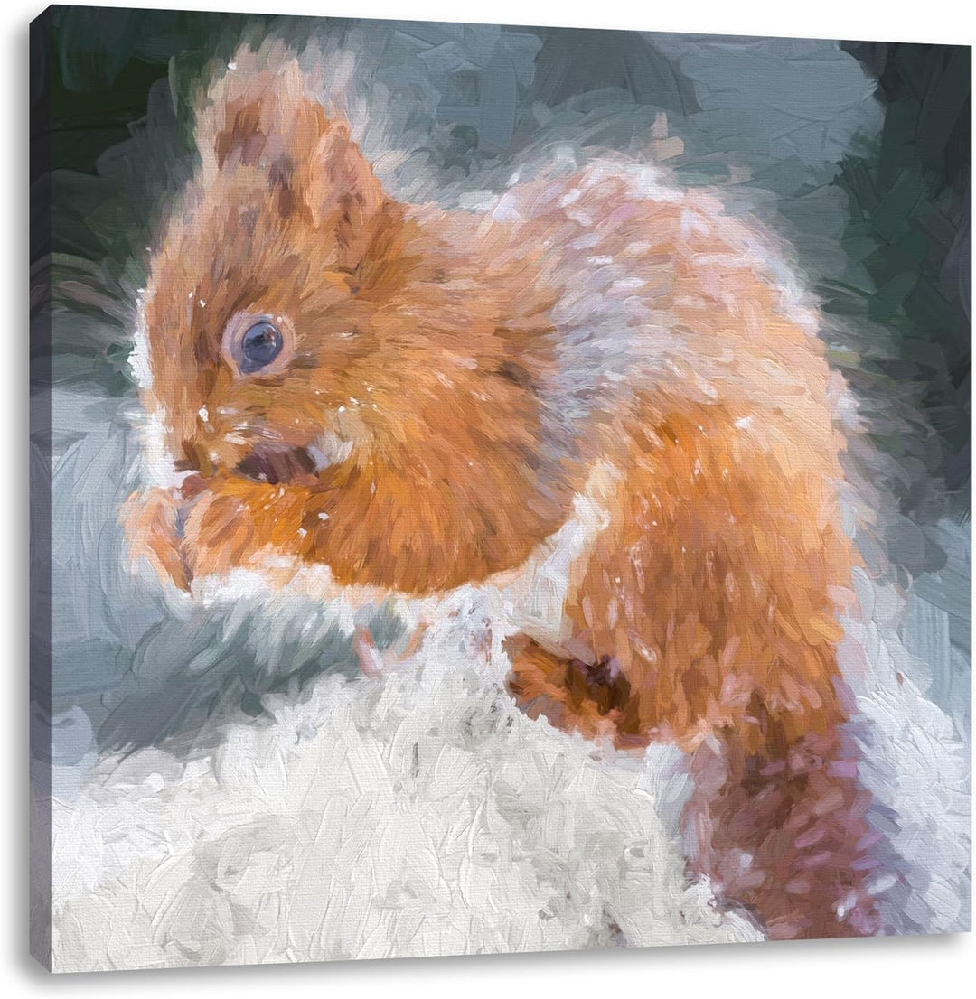 Pixxprint Kleines Eichhörnchen im Winter als Leinwandbild Quadratisch/Grösse: 70x70 / Wandbild/Kunst