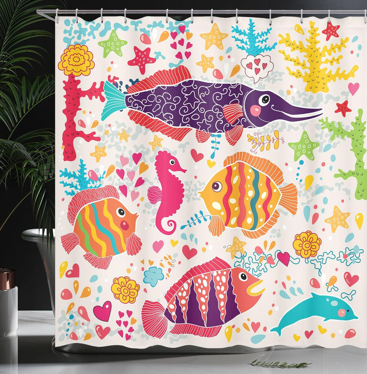 ABAKUHAUS Kids Duschvorhang, Cartoon Unterwasser Fisch, mit 12 Ringe Set Wasserdicht Stielvoll Moder