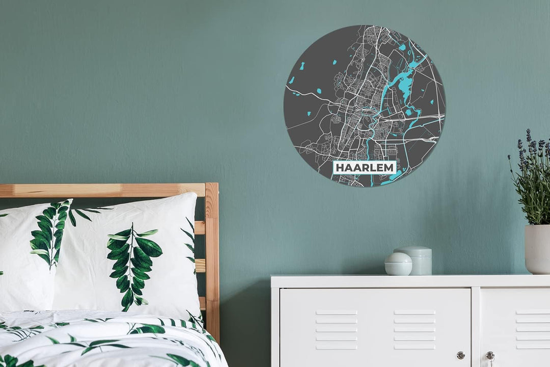 MuchoWow Wandbild Rund Wanddeko Deko Wohnzimmer Bilder 60x60 cm Karte - Haarlem - Grau - Blau, 60x60