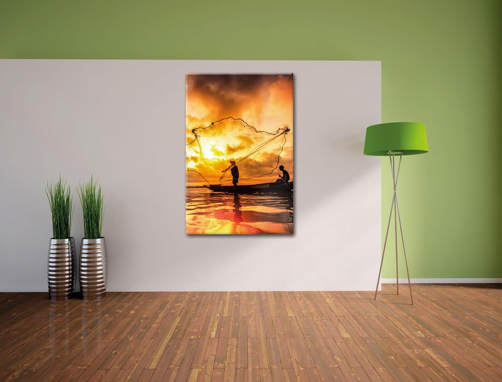 See mit Anglern, Format: 100x70 auf Leinwand, XXL riesige Bilder fertig gerahmt mit Keilrahmen, Kuns