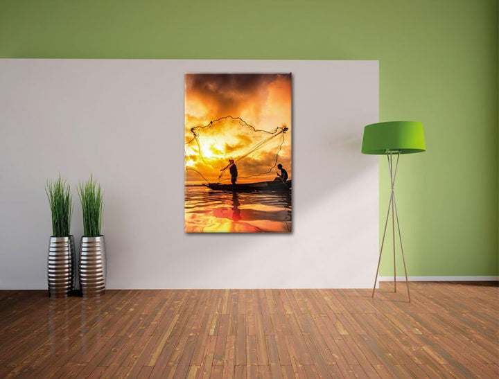 See mit Anglern, Format: 100x70 auf Leinwand, XXL riesige Bilder fertig gerahmt mit Keilrahmen, Kuns