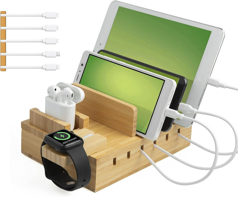 TechDot Handy USB Ladestation Bambus Ladestation Mehrere Geräte 5 Port USB Multi Ladestation Bamboo