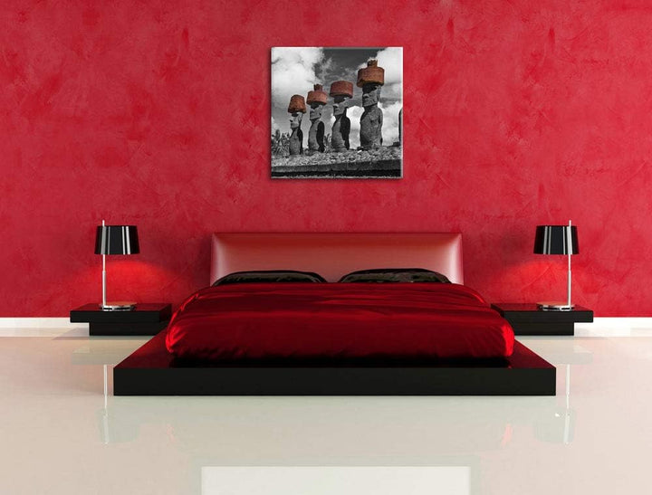 Pixxprint Moai Statuen auf den Osterinseln schwarz/weiss, Format: 70x70 auf Leinwand, 70x70
