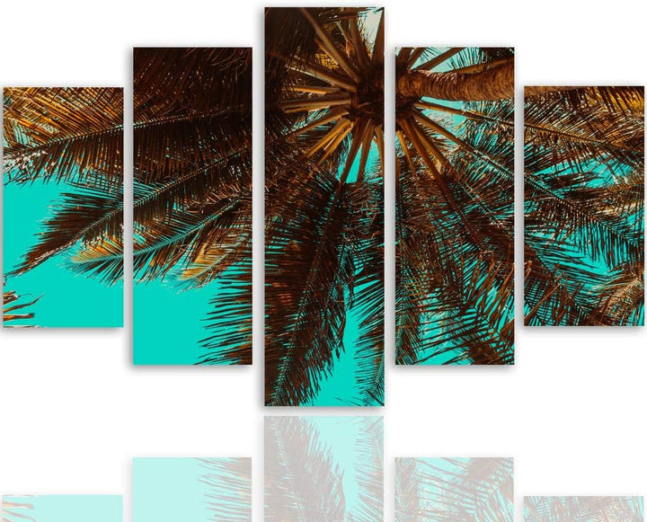 Feeby Bild auf Leinwand Palme 5 Teilig Modern Natur Exotik Himmel Retro blau 200x100 cm Leinwandbild